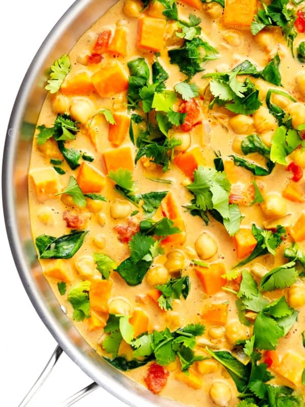 Sweet Potato Chickpea Coconut Curry in Saute Pan