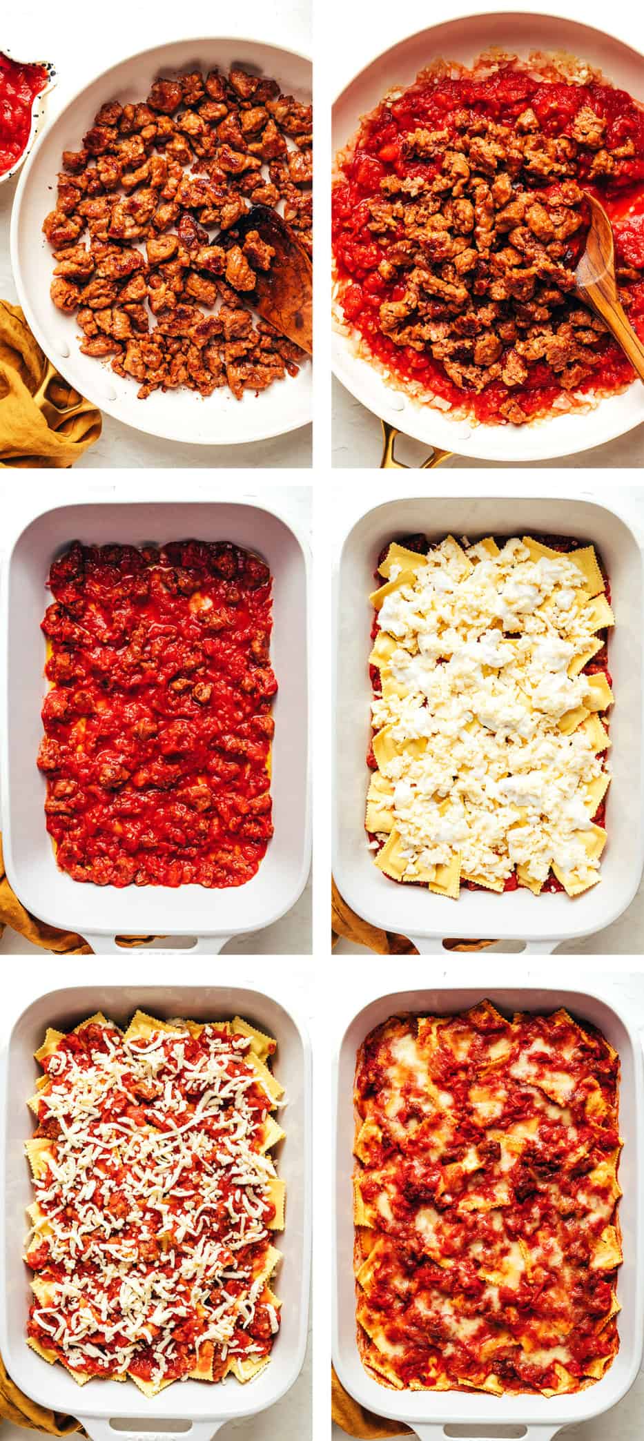 Step by step photos showing how to make ravioli lasagna