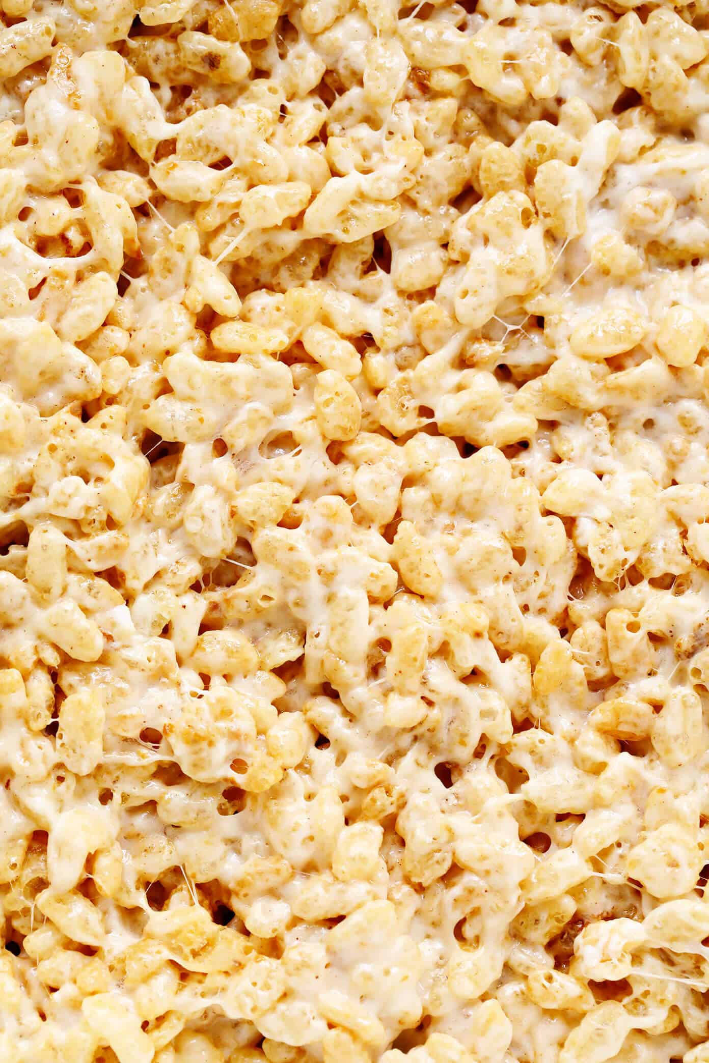 The classic 3-ingredient Rice Krispie Treats recipe is kicked up an irresistible notch with brown butter, toasted marshmallows, a splash of bourbon (if you'd like), and an extra pinch of sea salt. Always a delicious and nostalgic easy dessert recipe! | gimmesomeoven.com #ricekrispies #treats #cereal #dessert #vegan #treat #marshmallow Rice Crispy Treats Closeup