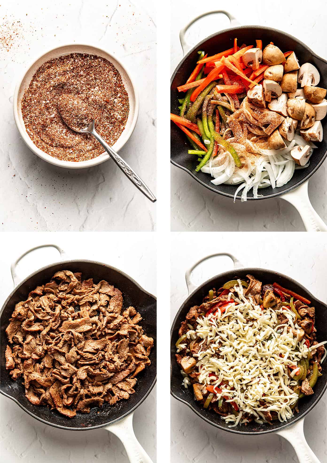 Step by step photos showing how to make a Philly cheesesteak skillet