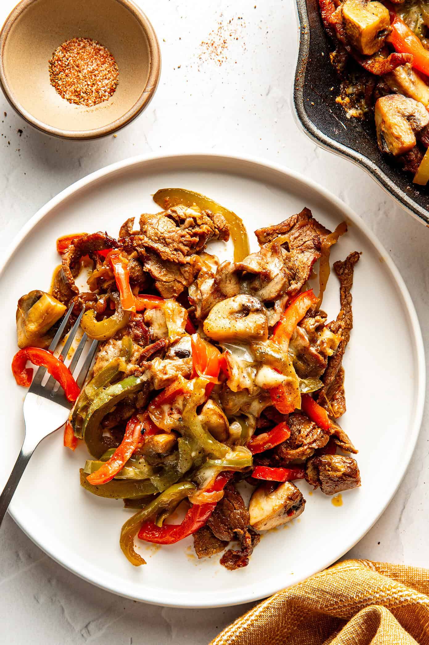 Philly cheesesteak skillet serving in pan